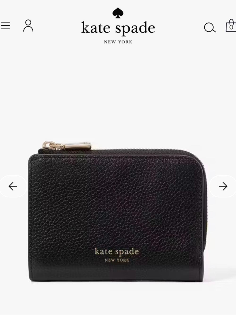 kate spade Black Pebbled Leather Zip Wallet with Gold Hardware—brand new